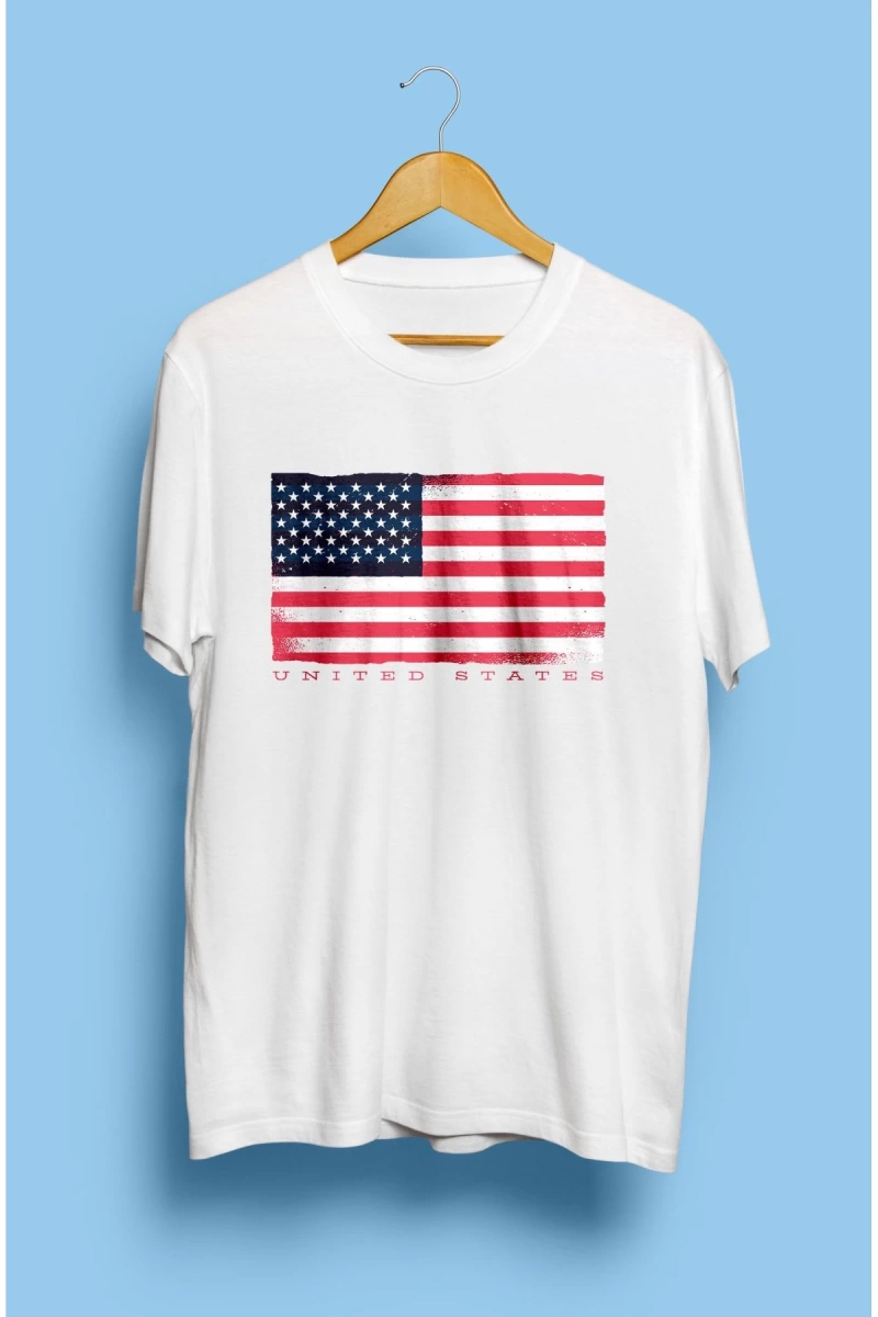 Amerika Ülke Bayrak Temalı Tasarım Baskılı Unisex Tişört