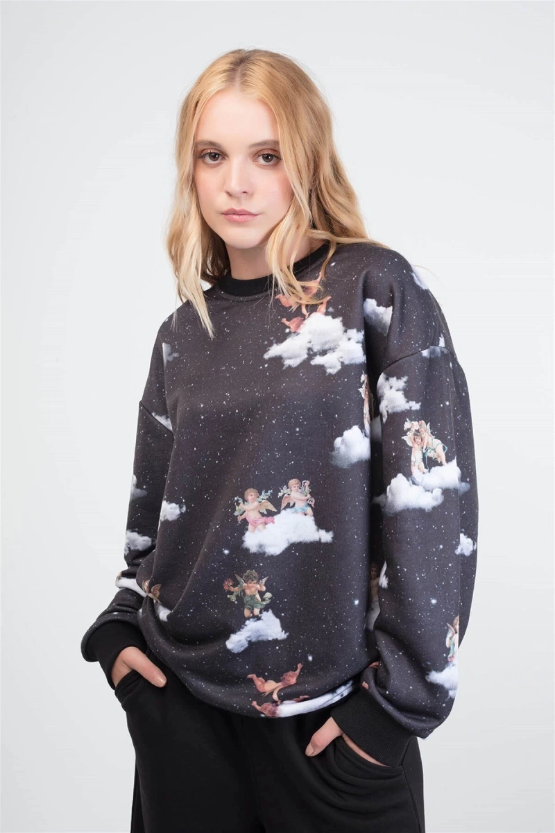 Angel Unisex Yuvarlak Yaka Sweatshirt Hoodie Siyah
