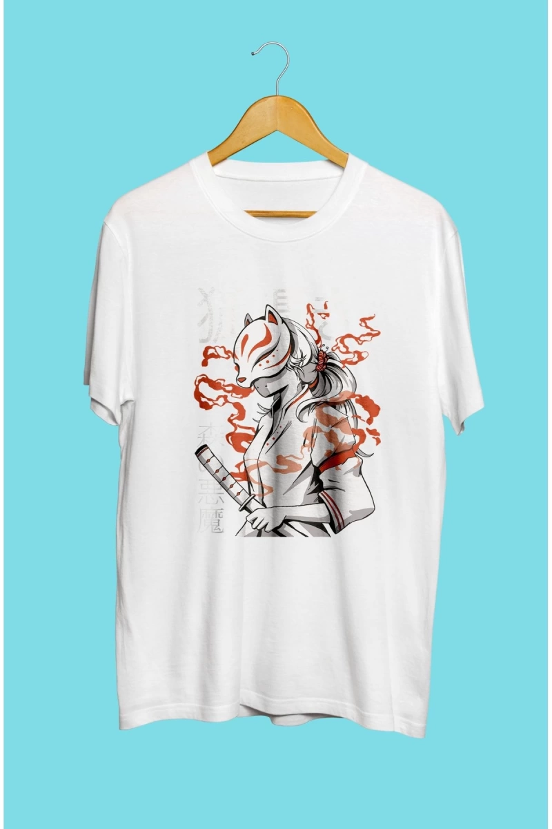 Anime Demon Slayer Maskeli Kedi Tasarım Baskılı Unisex Tişört