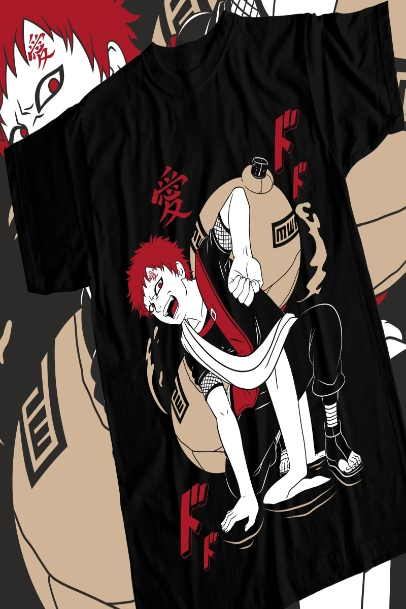 Anime Desenli Unisex Bay Bayan Tişört  Gaara Kanji Kum Naruto