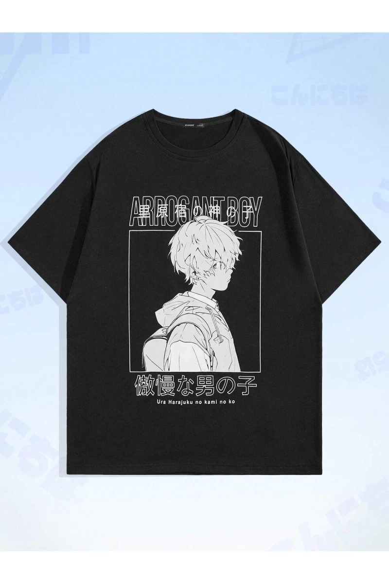 Anime Guys Figürü ve Sloganı Grafikli Harajuku Style