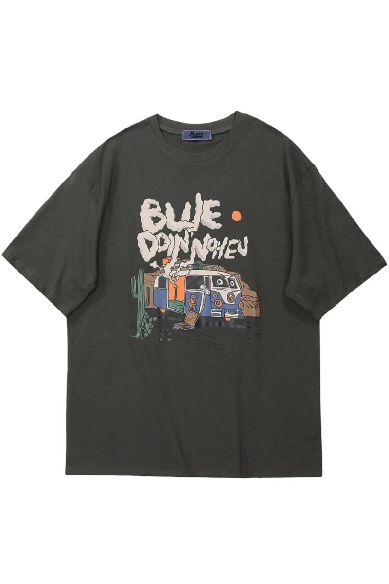 Antrasit Blue Doin Baskılı Oversize Bisiklet Yaka Erkek Tişört