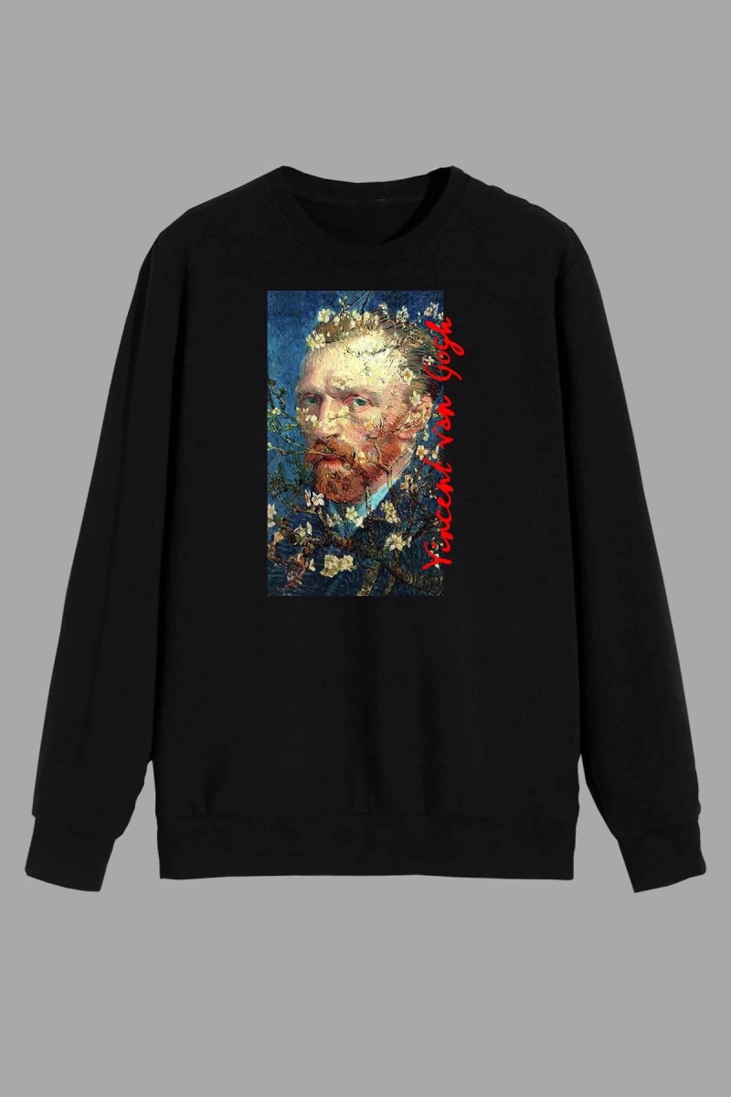 Art Van Gogh Portre Baskılı Siyah Unısex Sweatshirt