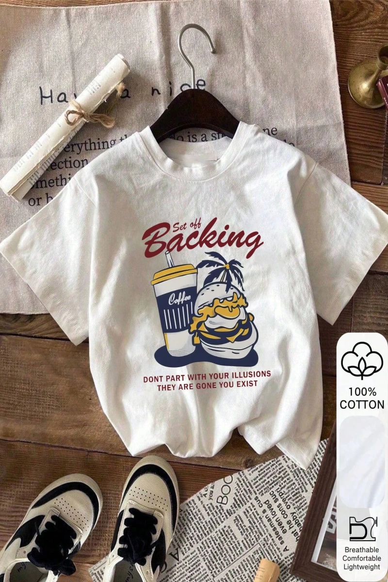 Backing & Hamburger Kahve Baskı, Yaz Kadın %100 Pamuk Kısa Kollu, Beyaz Kısa Kollu, Grafik Ti