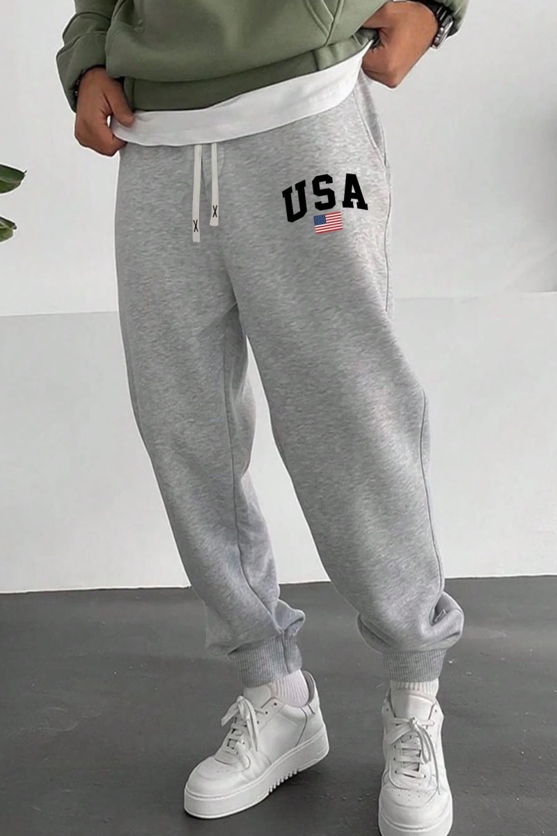 Bahar ve Yaz Yeni Erkek Eşofman Altı, Örme Elastik Bel Bağcıklı Jogger Pantolon, Harf Grafik