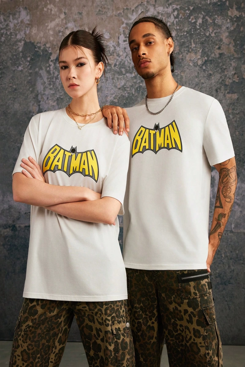BATMAN X SHEIN 85. Unisex Mektup Baskılı Yuvarlak Yaka Kısa Kollu Tişörtler