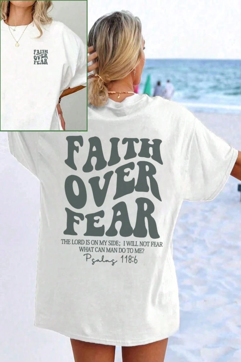 Bayan İlkbahar ve Yaz Yeni Stil Faith Over Fear Mektup Baskılı Günlük Rahat Yuvarlak Yaka Kıs