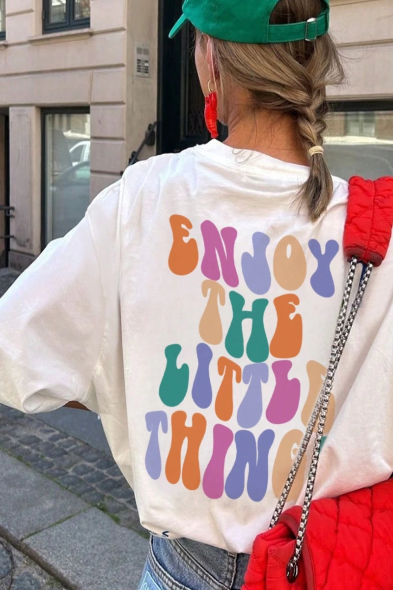 Bayan Renkli Harf Baskılı Yuvarlak Yaka Kısa Kollu Günlük Tişört, İlkbahar ve Yaz İçin Uygun,