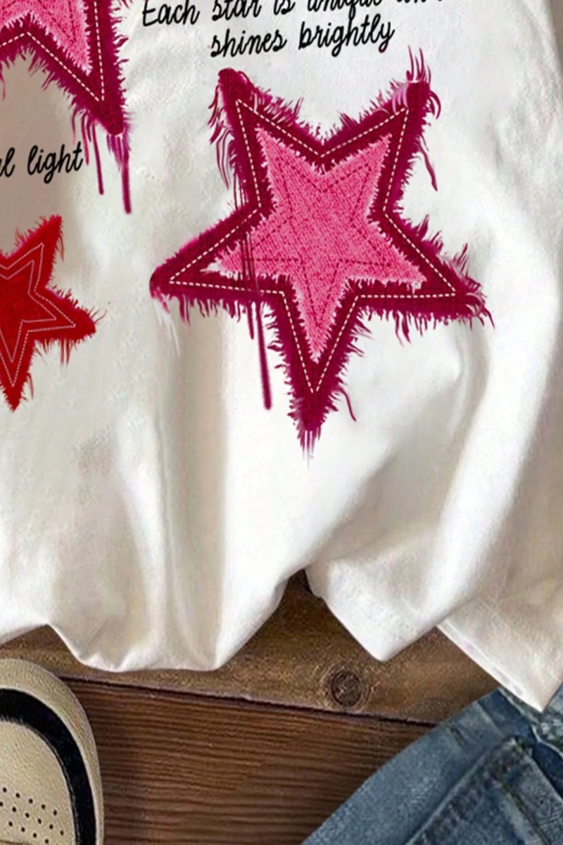 Bayan Renkli Harf Slogan Baskılı Moda ve Çok Yönlü Yuvarlak Yaka Kısa Kollu Tişört, Günlük Eğ