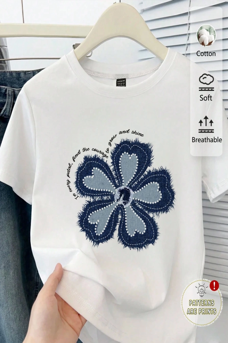 Bayan Renkli Harf Slogan Baskılı Moda ve Çok Yönlü Yuvarlak Yaka Kısa Kollu Tişört, Günlük Eğ