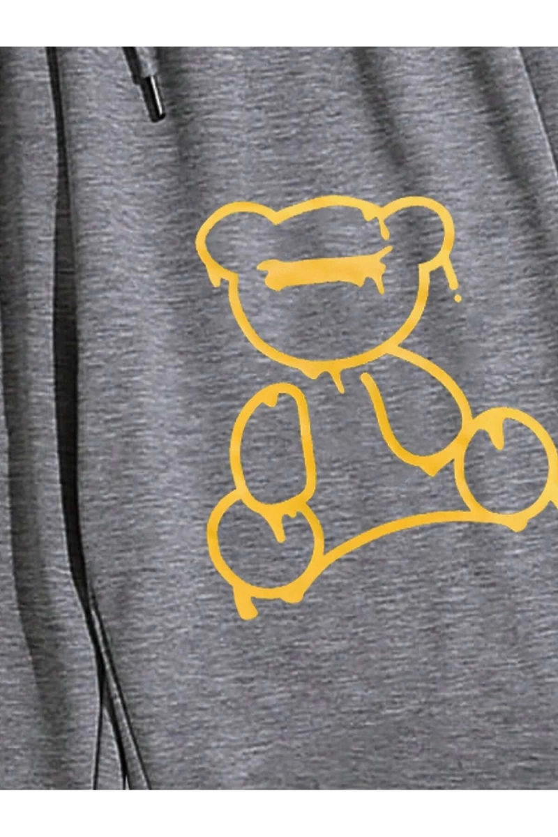 Bear Print Drawstring Waist 4 Mevsim Eşofman