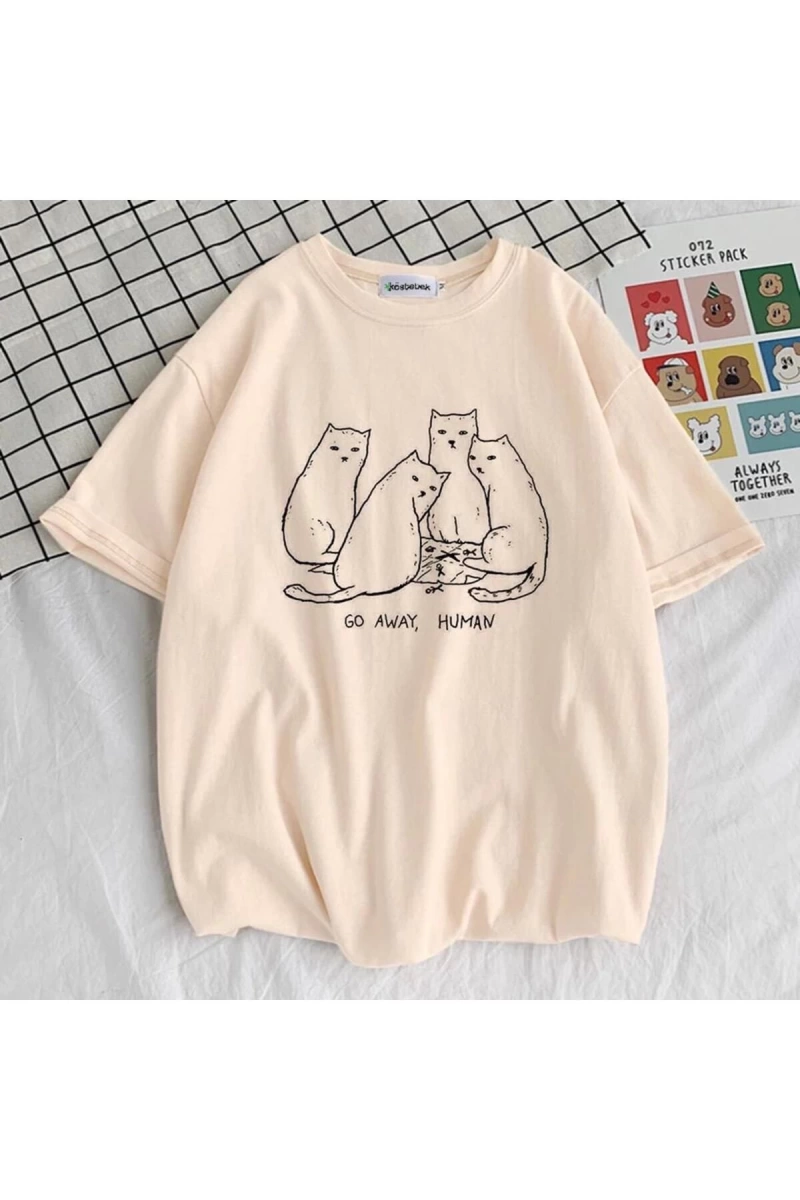 Bej Cats - Go Away Human (UNİSEX) T-shirt - Fvrmbcts