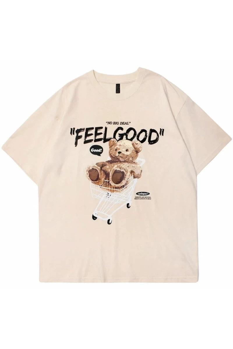 Bej Feel Good Ayı Baskılı Oversize Bisiklet Yaka Erkek Tişört
