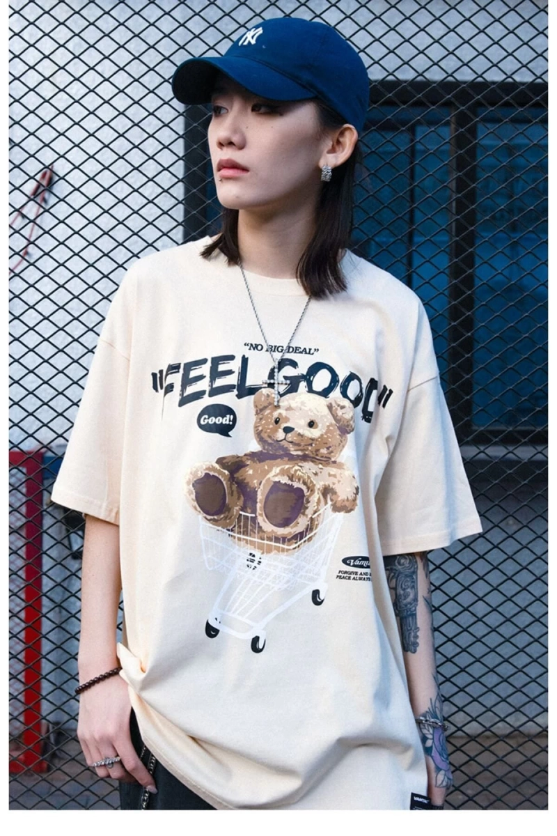 Bej Feel Good Ayı Baskılı Oversize Bisiklet Yaka Erkek Tişört