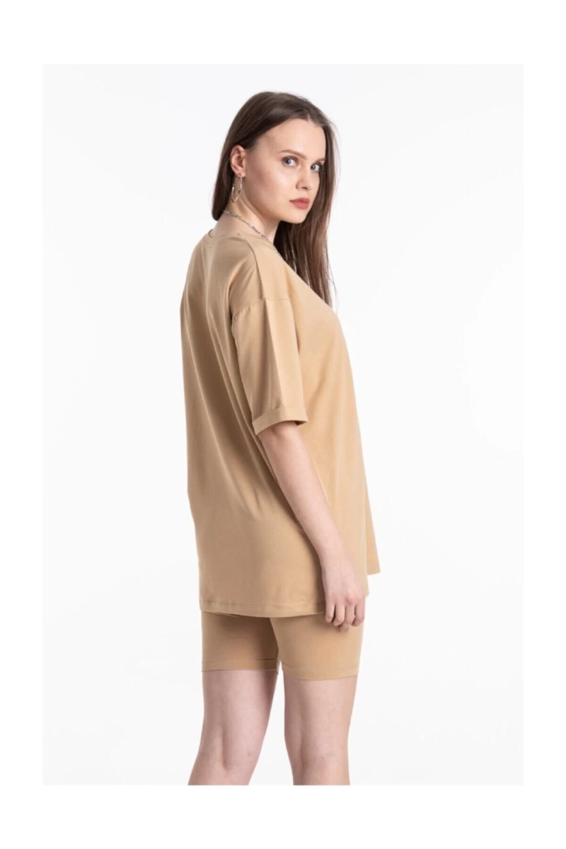 Bej Renkli, Düz, Kısa Kollu Boyfriend Örme T-shirt