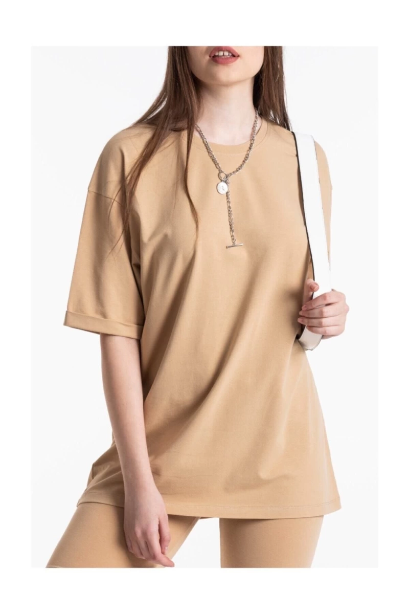 Bej Renkli, Düz, Kısa Kollu Boyfriend Örme T-shirt