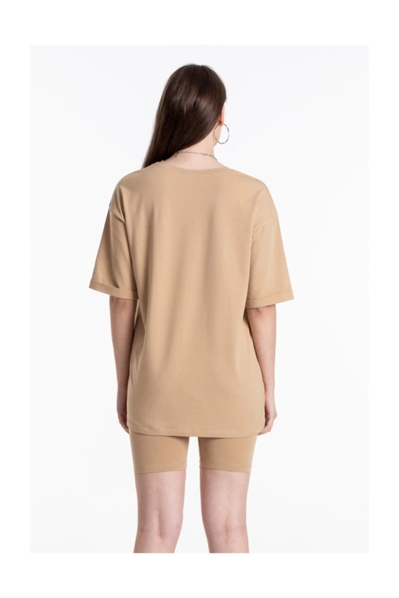 Bej Renkli, Düz, Kısa Kollu Boyfriend Örme T-shirt