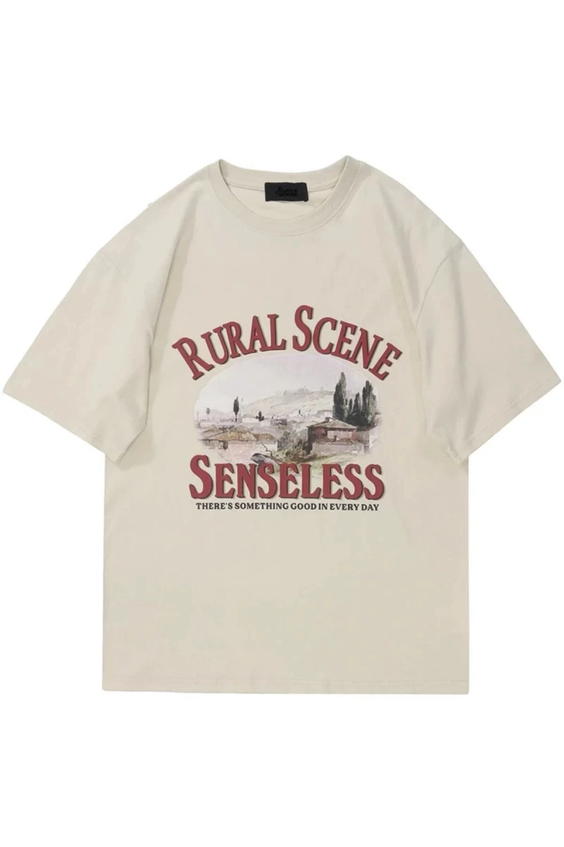 Bej Rural Scene Baskılı Oversize Bisiklet Yaka Erkek Tişört