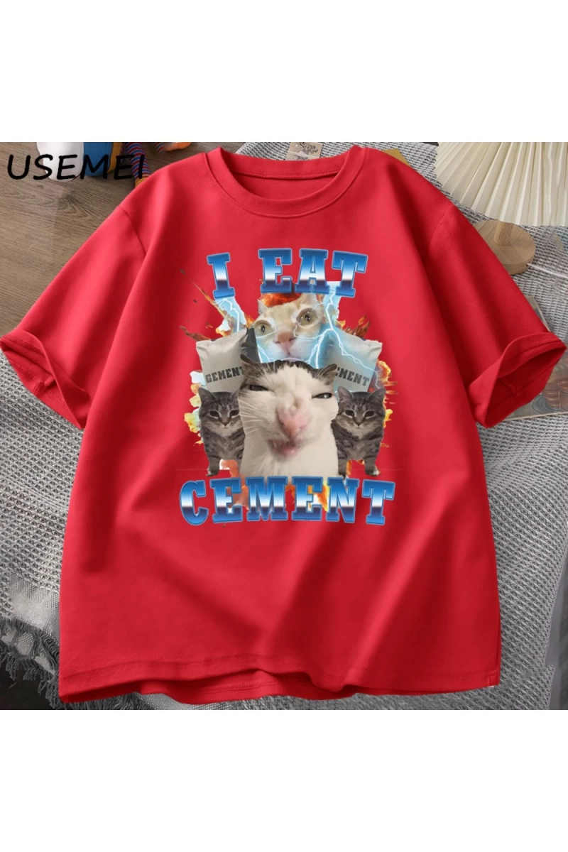 Ben çimento komik kedi Meme Tee pamuk kısa kollu aptal çirkin kediler baskılı T Shirt