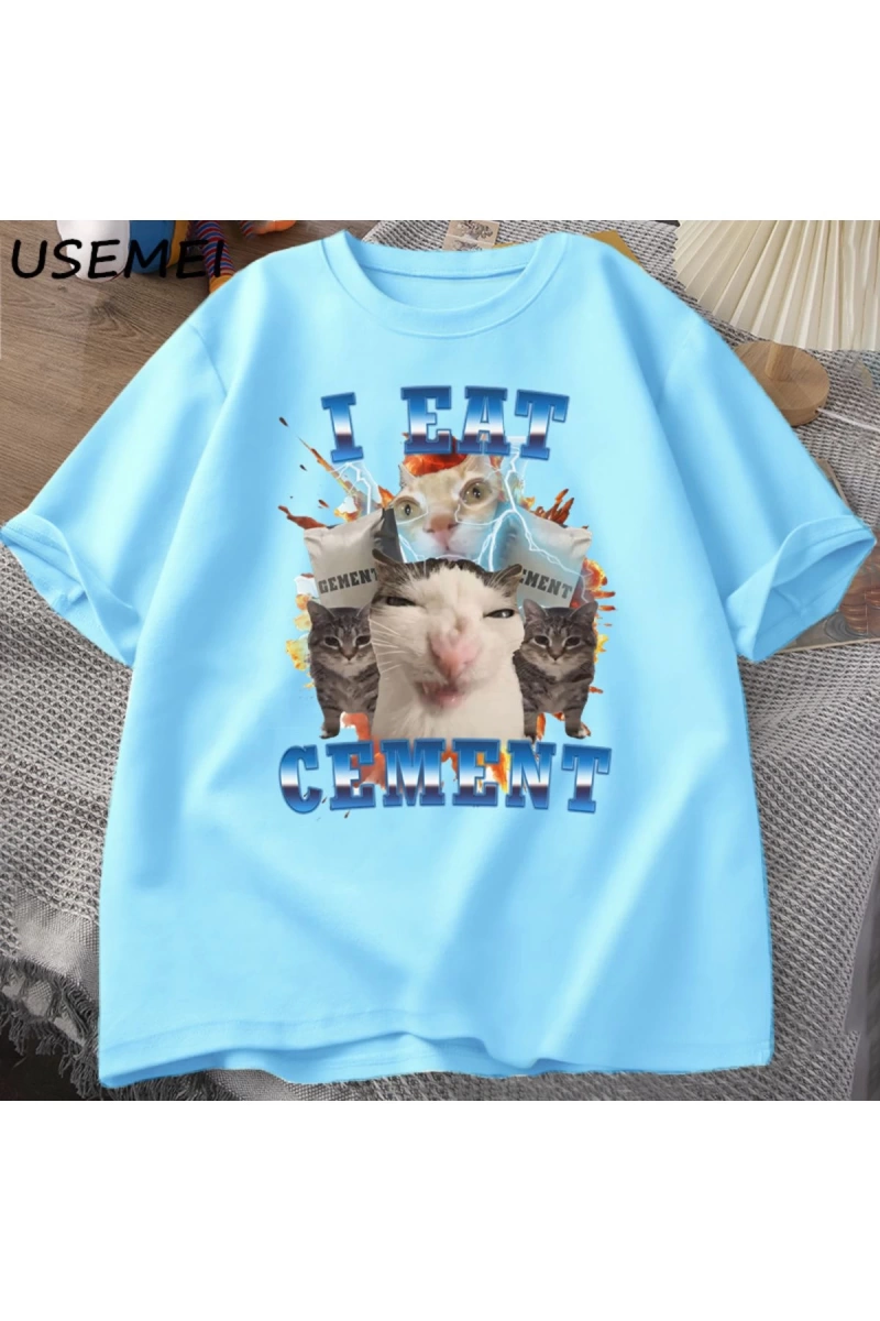 Ben çimento komik kedi Meme Tee pamuk kısa kollu aptal çirkin kediler baskılı T Shirt