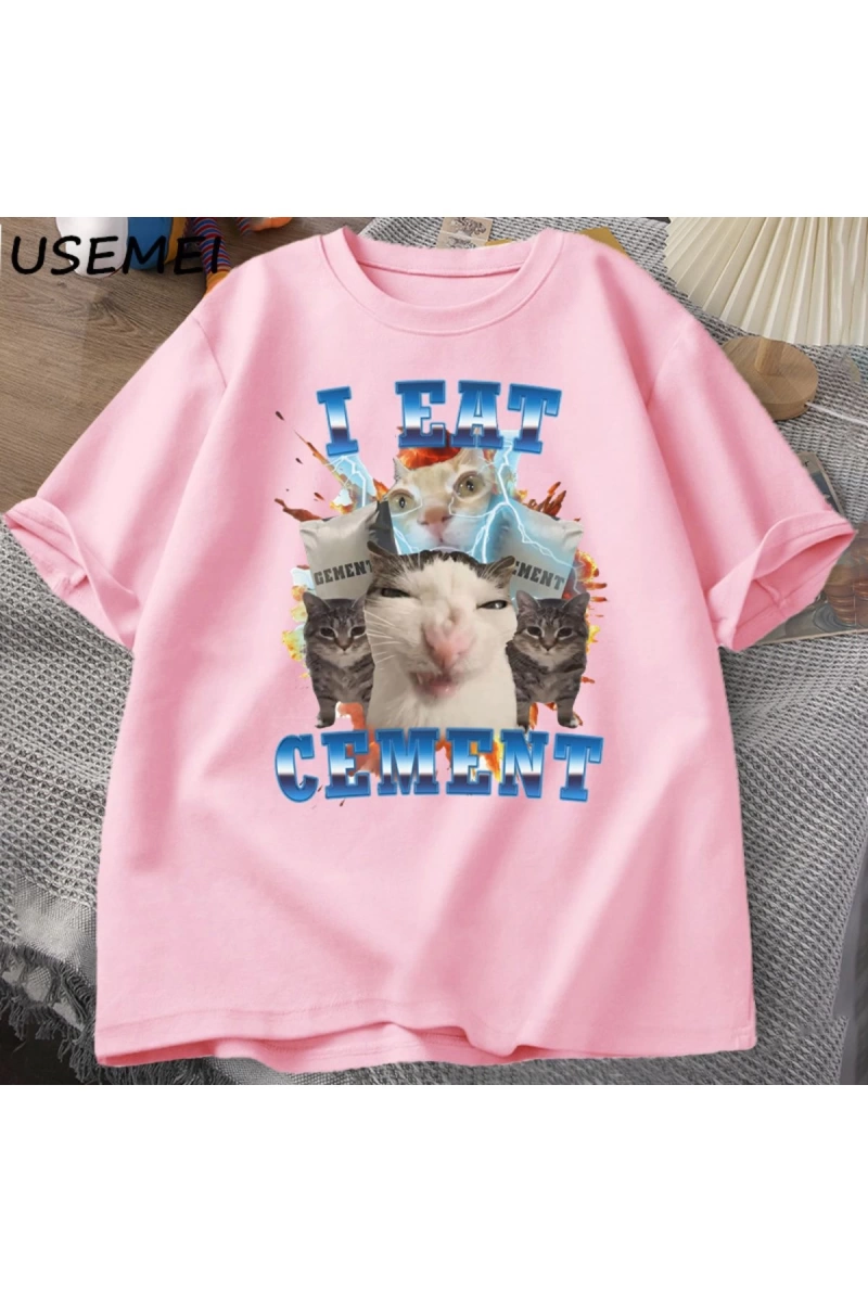 Ben çimento komik kedi Meme Tee pamuk kısa kollu aptal çirkin kediler baskılı T Shirt