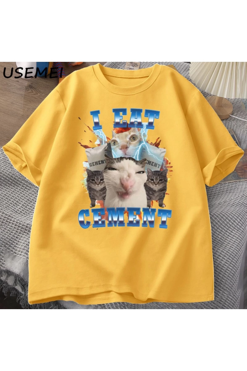 Ben çimento komik kedi Meme Tee pamuk kısa kollu aptal çirkin kediler baskılı T Shirt