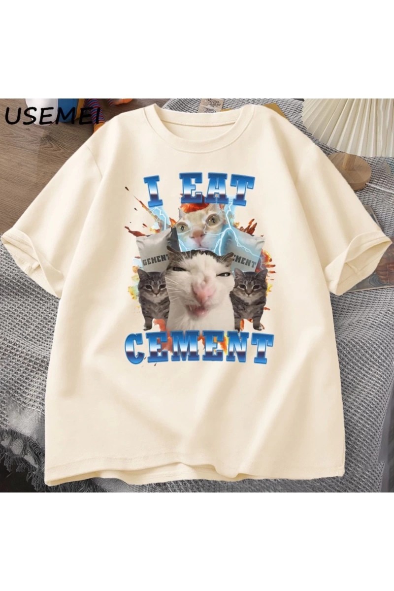 Ben çimento komik kedi Meme Tee pamuk kısa kollu kediler baskılı Bej T Shirt