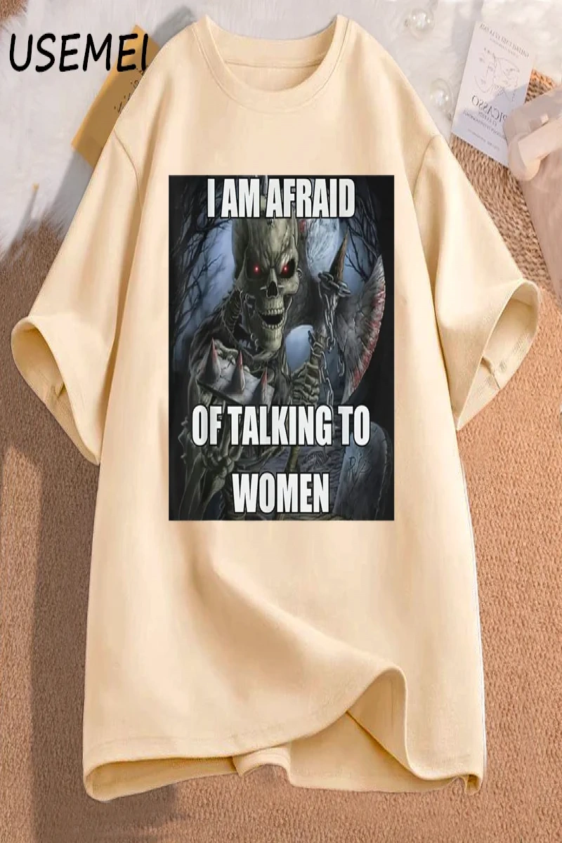 Ben kadın t-shirt erkek pamuk kısa kollu Tees ile konuşmaktan korkuyorum komik sert iskelet M 3016