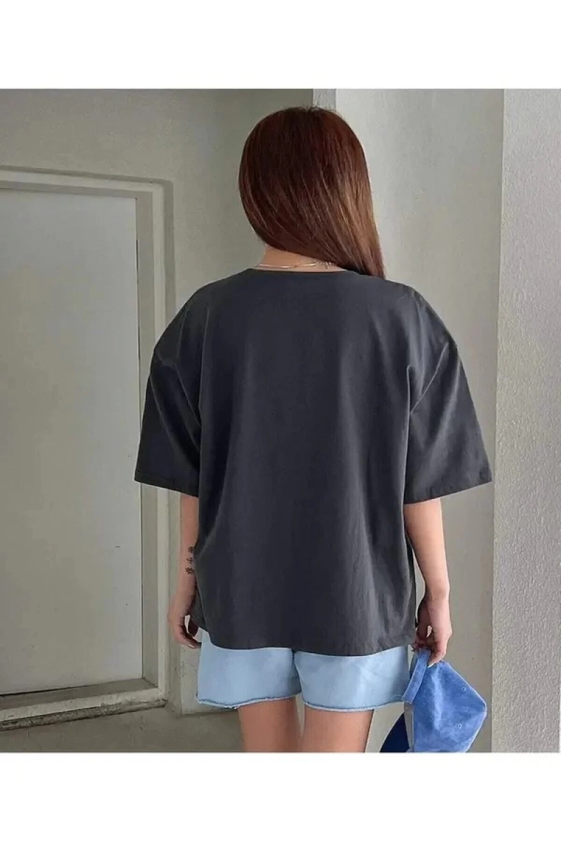 Benisengydir Kadın Füme Nothing For Baskılı Oversize Bisiklet Yaka Tshirt