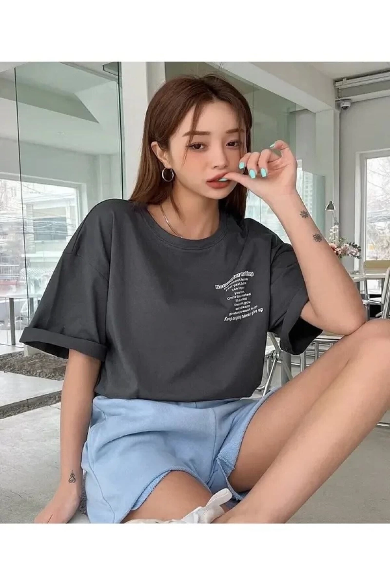 Benisengydir Kadın Füme Nothing For Baskılı Oversize Bisiklet Yaka Tshirt