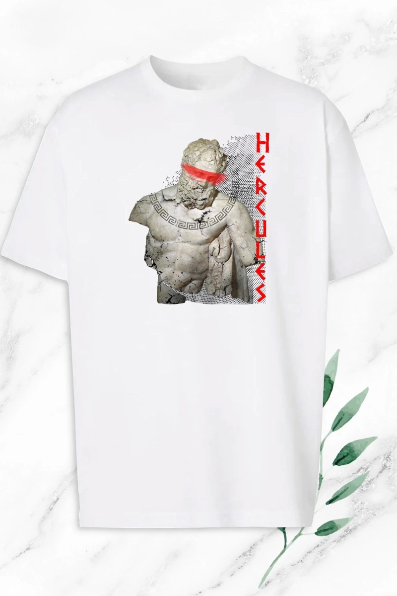Beyaz Oversize Mitoloji Herkül Herakles Heykel Baskılı Tişört