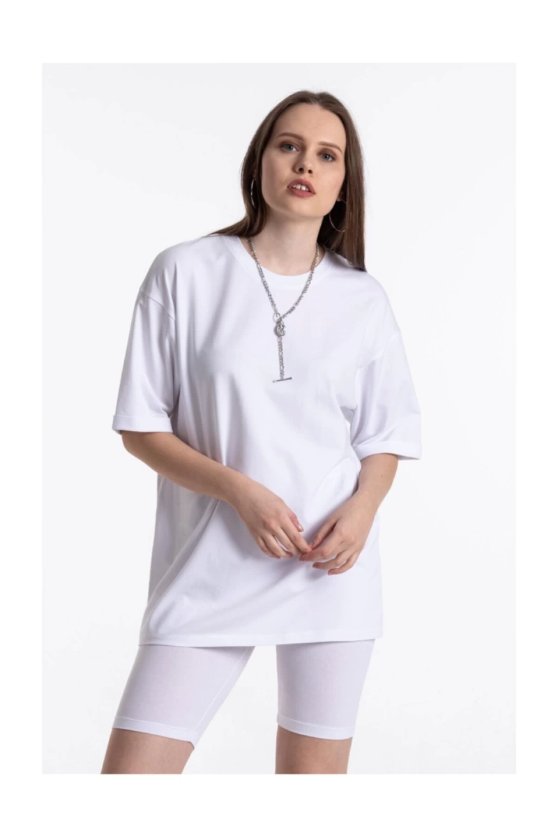 Beyaz Renkli, Düz, Kısa Kollu Boyfriend Örme T-shirt