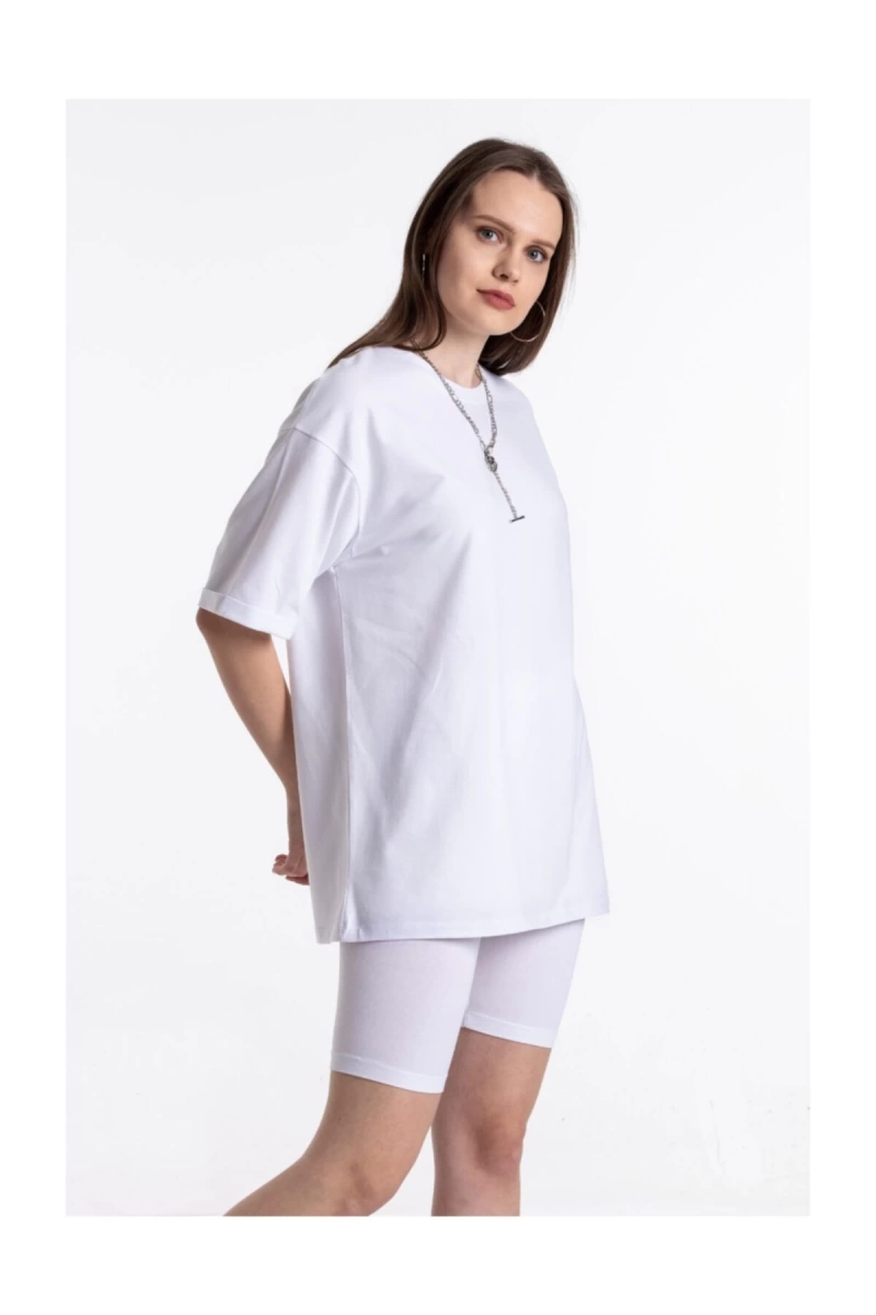 Beyaz Renkli, Düz, Kısa Kollu Boyfriend Örme T-shirt
