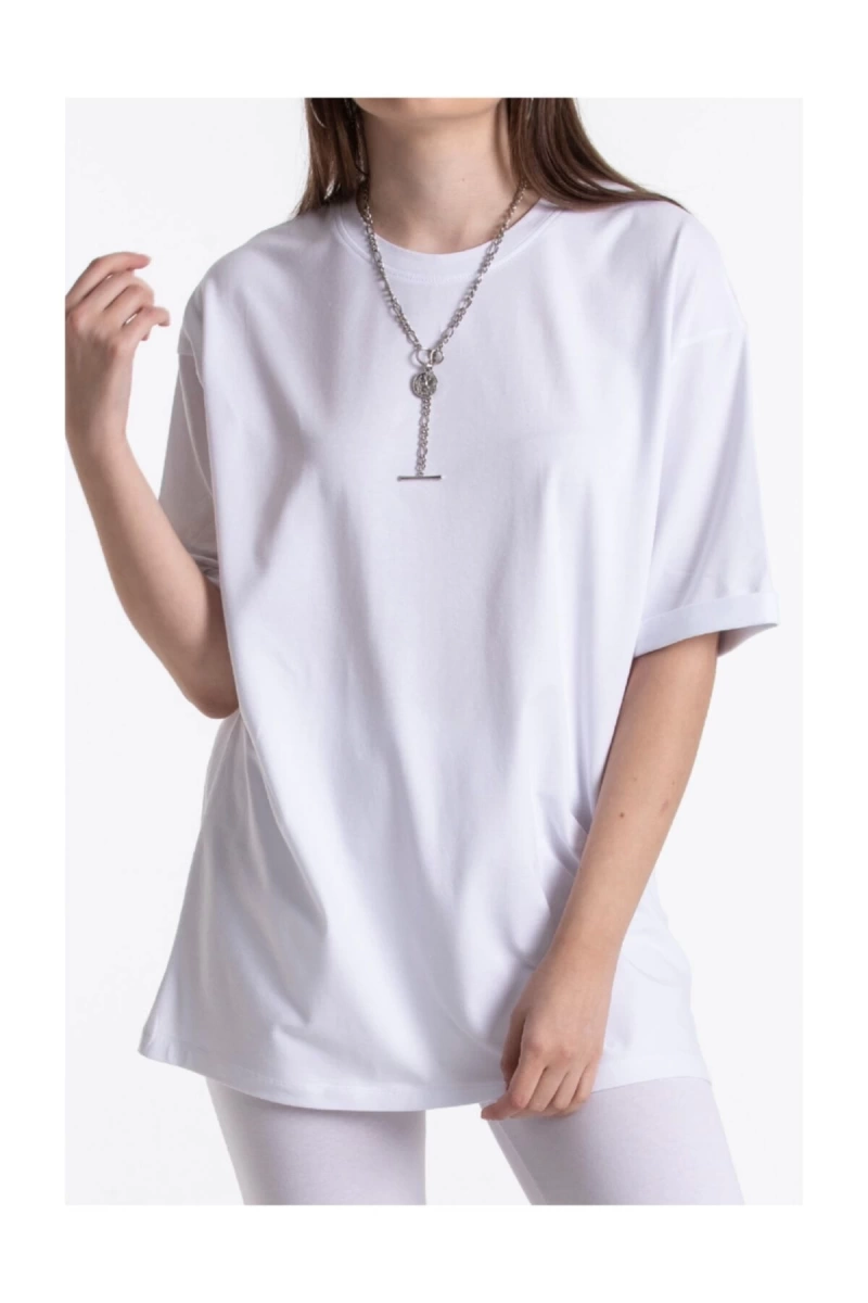 Beyaz Renkli, Düz, Kısa Kollu Boyfriend Örme T-shirt