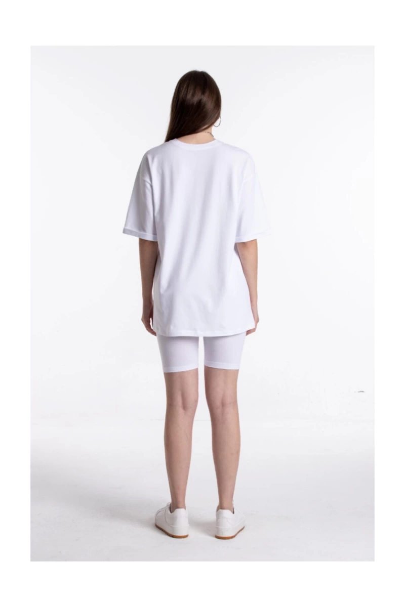 Beyaz Renkli, Düz, Kısa Kollu Boyfriend Örme T-shirt