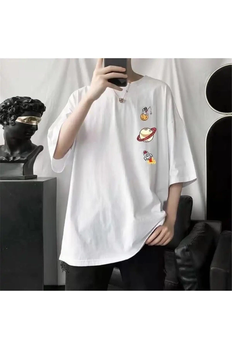 Beyaz Unisex Astronot Saturn Tişört