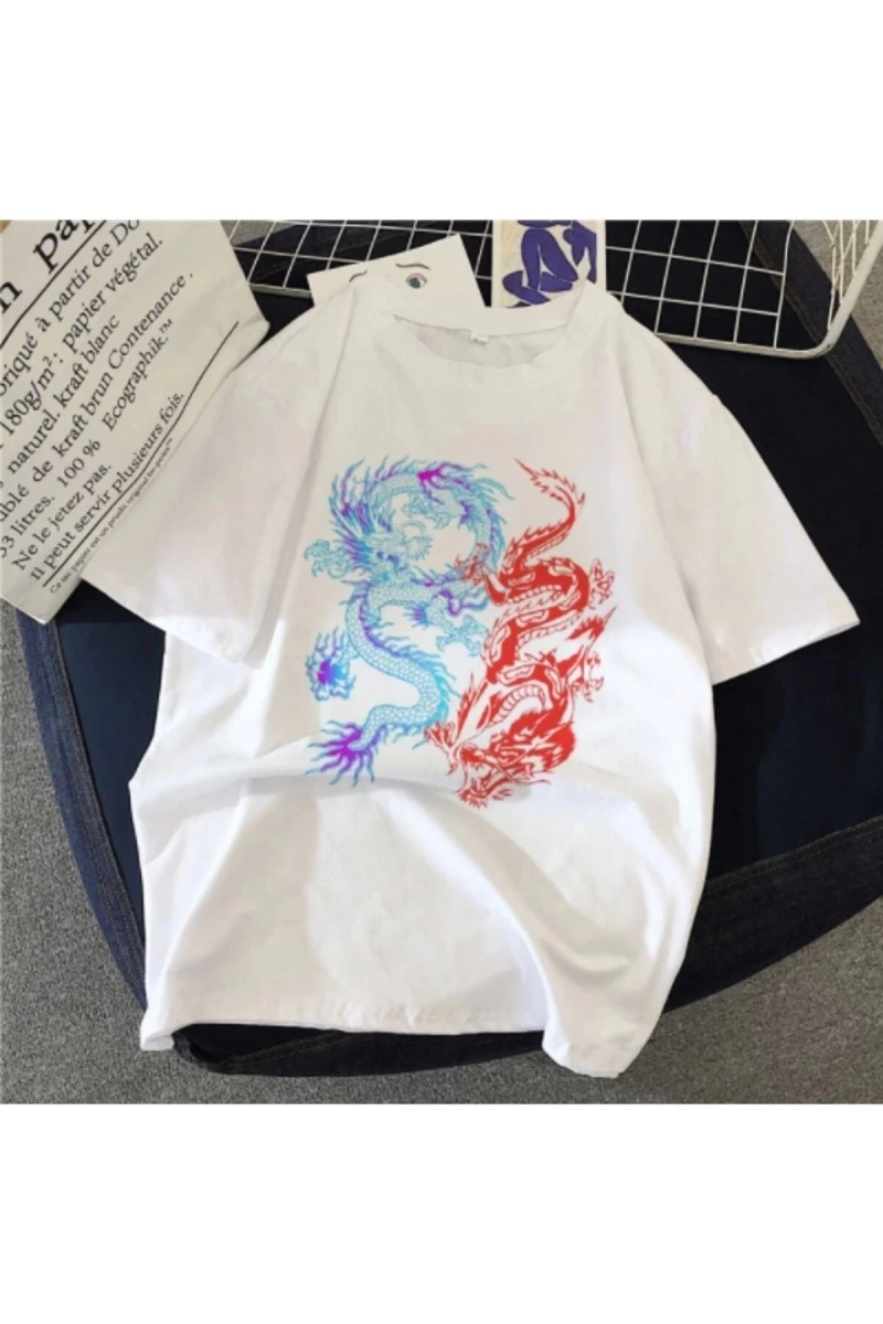 Beyaz Unisex Çift Dragon Baskılı Oversize Bisiklet Yaka T-shirt