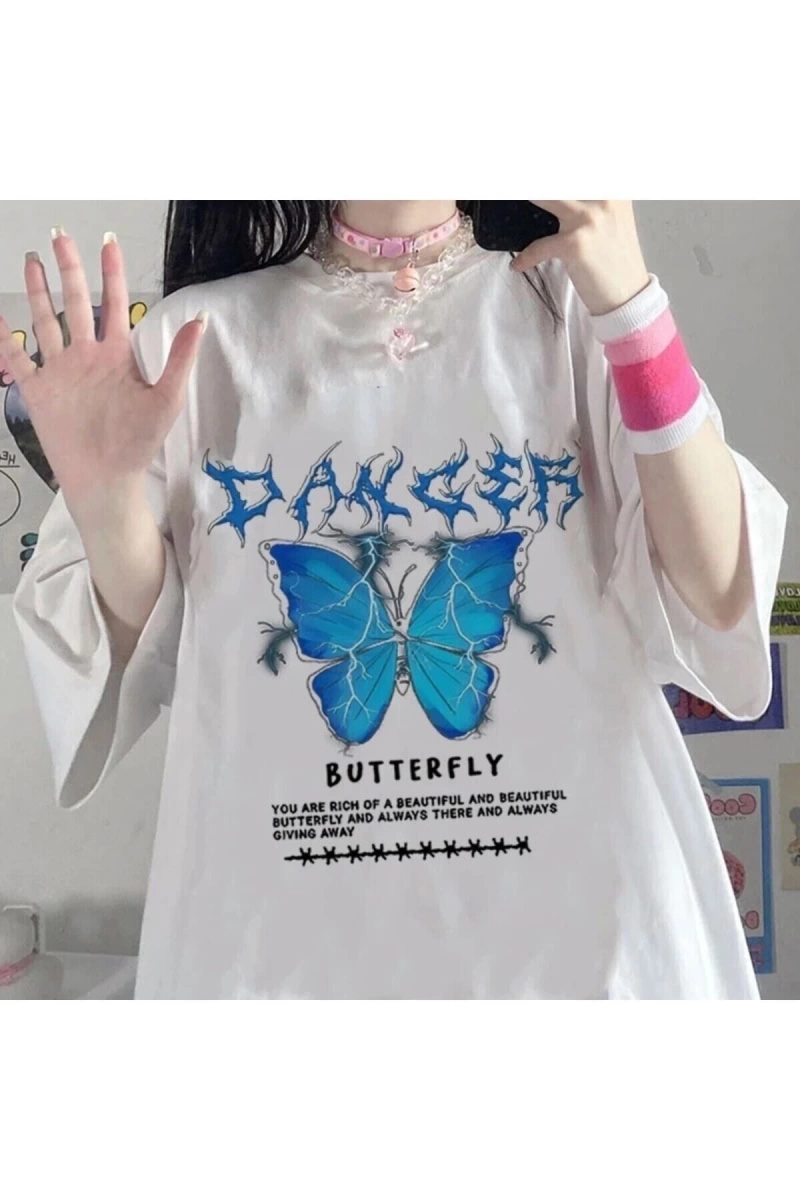 Beyaz Unisex Danger Butterfly Tişört