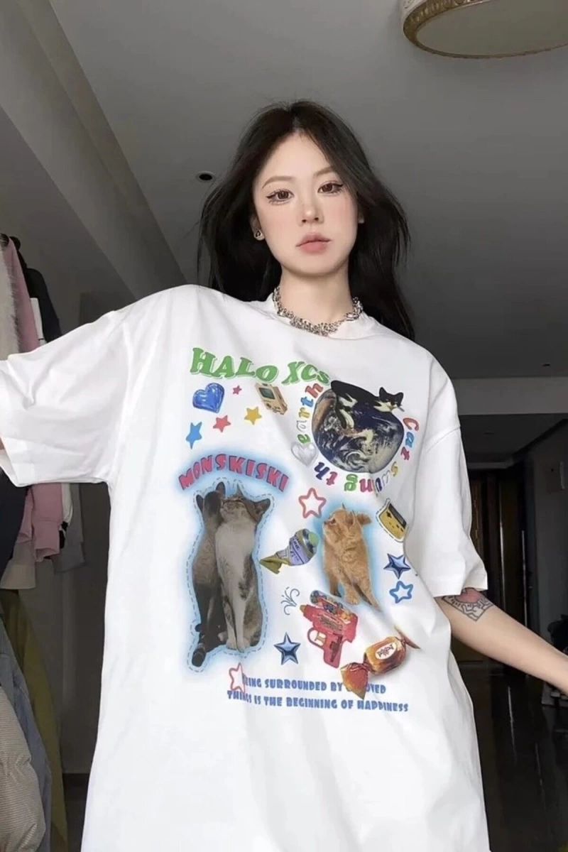Beyaz Unisex Halo Kedi Kolaj Tişört