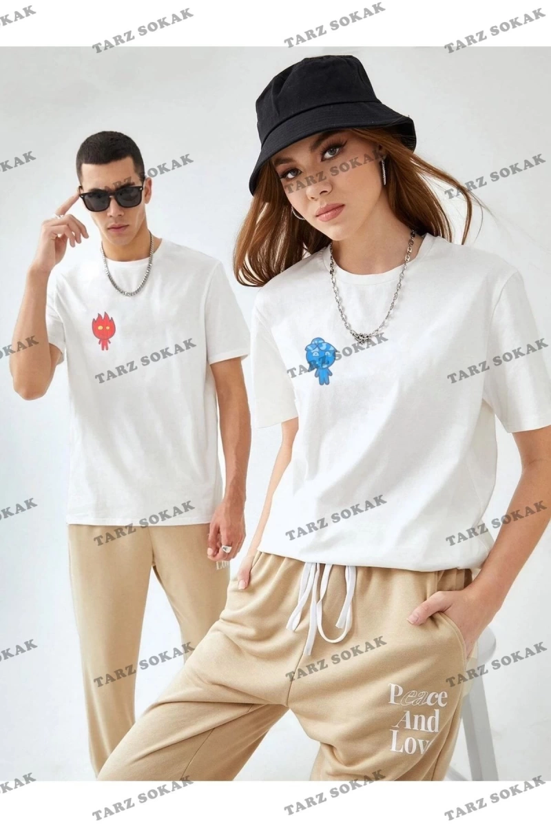 Beyaz Unisex Ikili Ateş Ve Su Baskılı Sevgili Çift Bisiklet Yaka Oversize