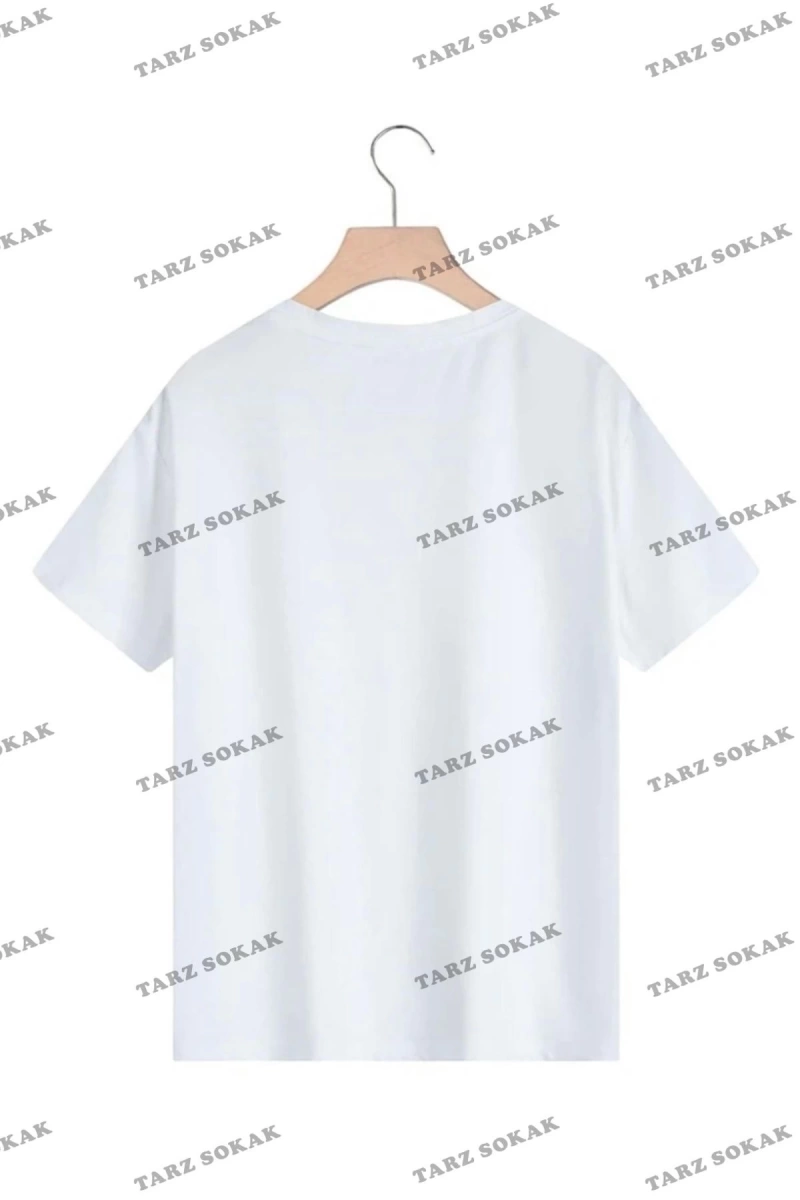 Beyaz Unisex Ikili Ateş Ve Su Baskılı Sevgili Çift Bisiklet Yaka Oversize