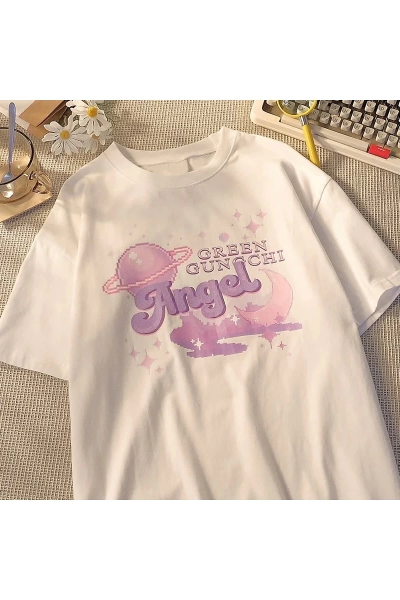 Beyaz Unisex Saturn Angel Yazılı Tişört