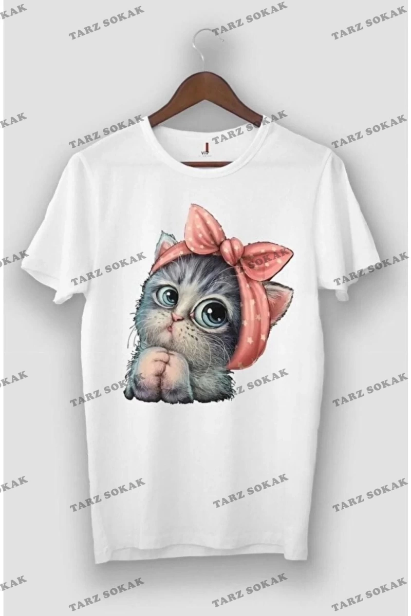 Beyaz Unisex Sevimli Minik Kedi Baskılı Pamuk Bisiklet Yaka Boyfriend Örme Oversize