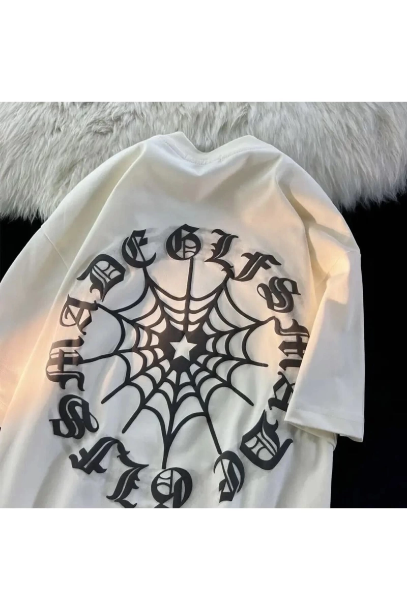 Beyaz Unisex Sırt Baskılı Ağ Alfabe Tişört