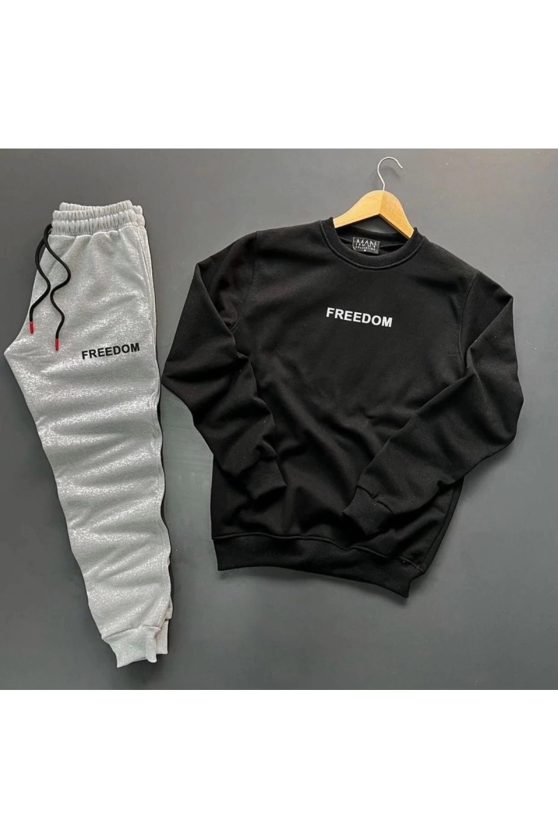 Bisiklet Yaka Freedom Baskılı Tam Kışlık Oversize 3 Iplik Erkek Eşofman Takımı