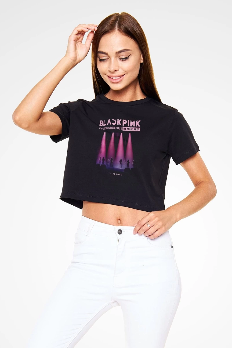 Black Pink Baskılı Kadın Siyah Crop Top Tişört