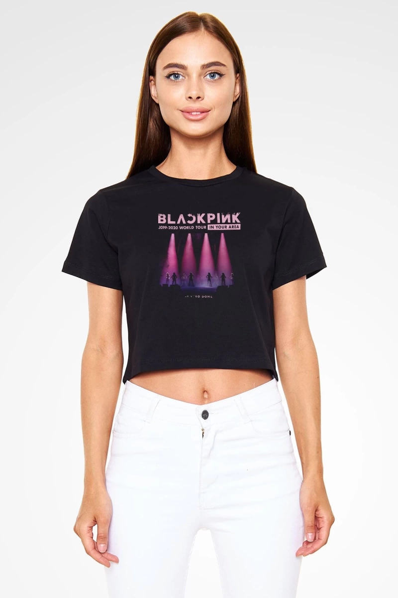Black Pink Baskılı Kadın Siyah Crop Top Tişört