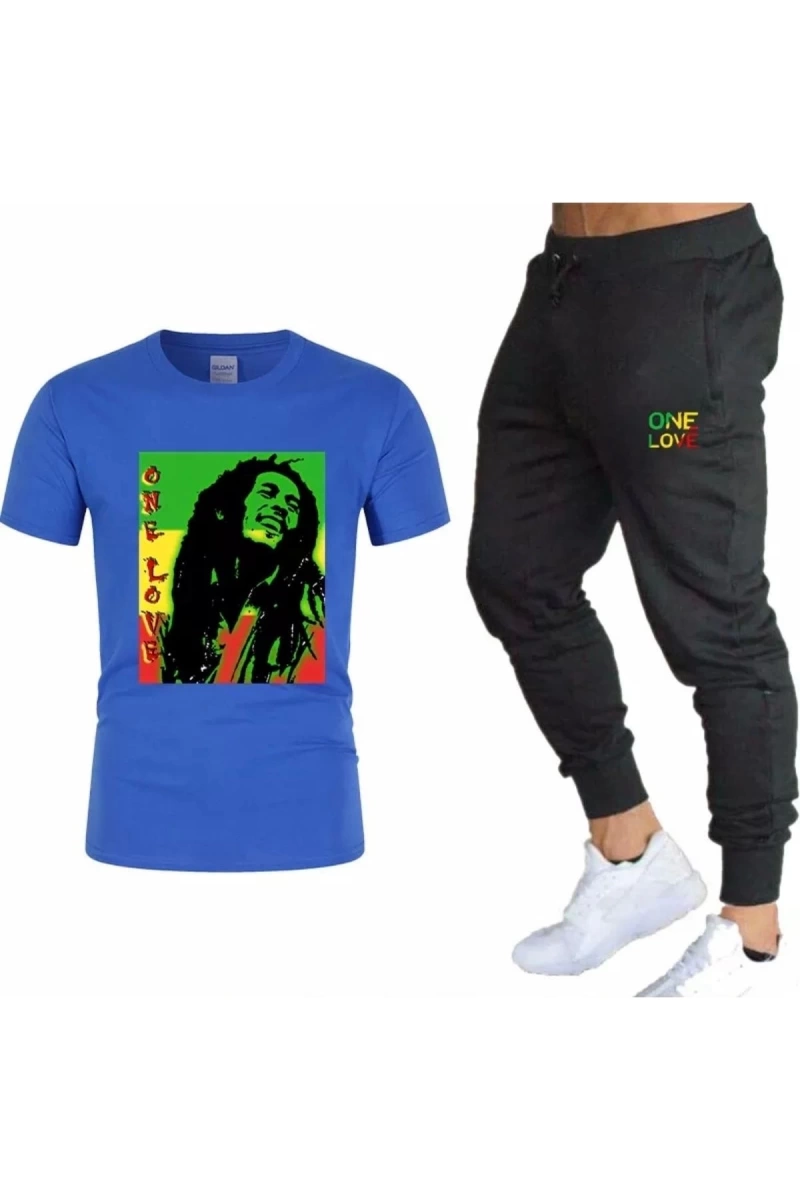 Bob Marley One Love Baskılı Pamuk Kısa Kollu Yazlık Erkek Eşofman Takımı