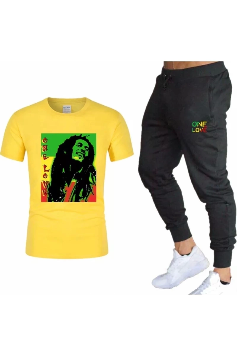 Bob Marley One Love Baskılı Pamuk Kısa Kollu Yazlık Erkek Eşofman Takımı