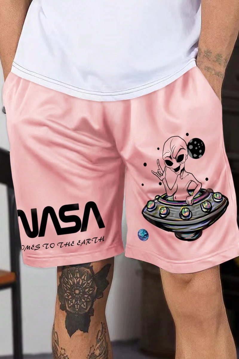 Bol Kesim Erkek Astronot Harf Baskılı Şort Bağcıklı Bel Desenli Grafik Siyah
